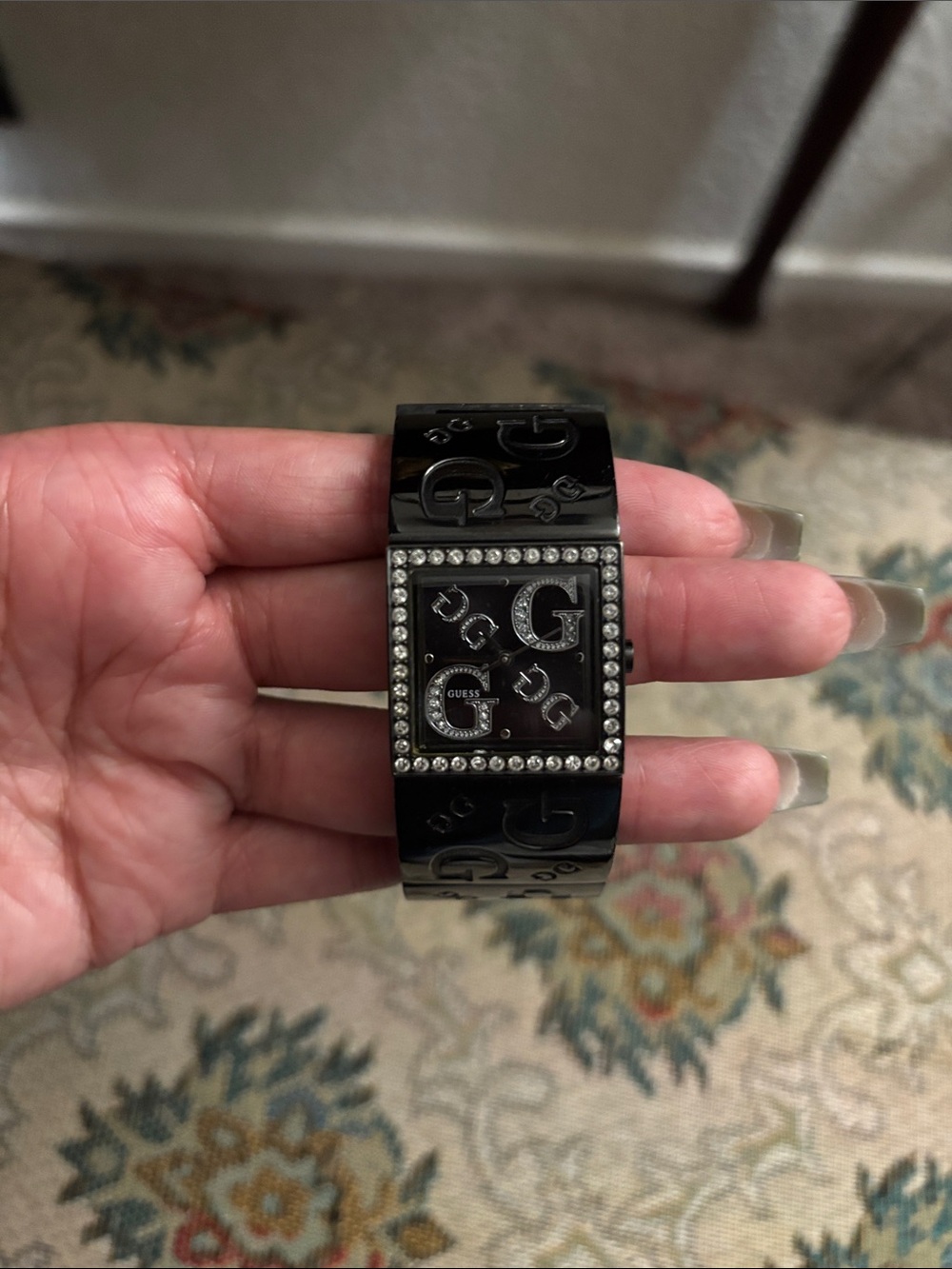 GUESS Black Glossy Logo Bangle Watch with Crystal Accents
